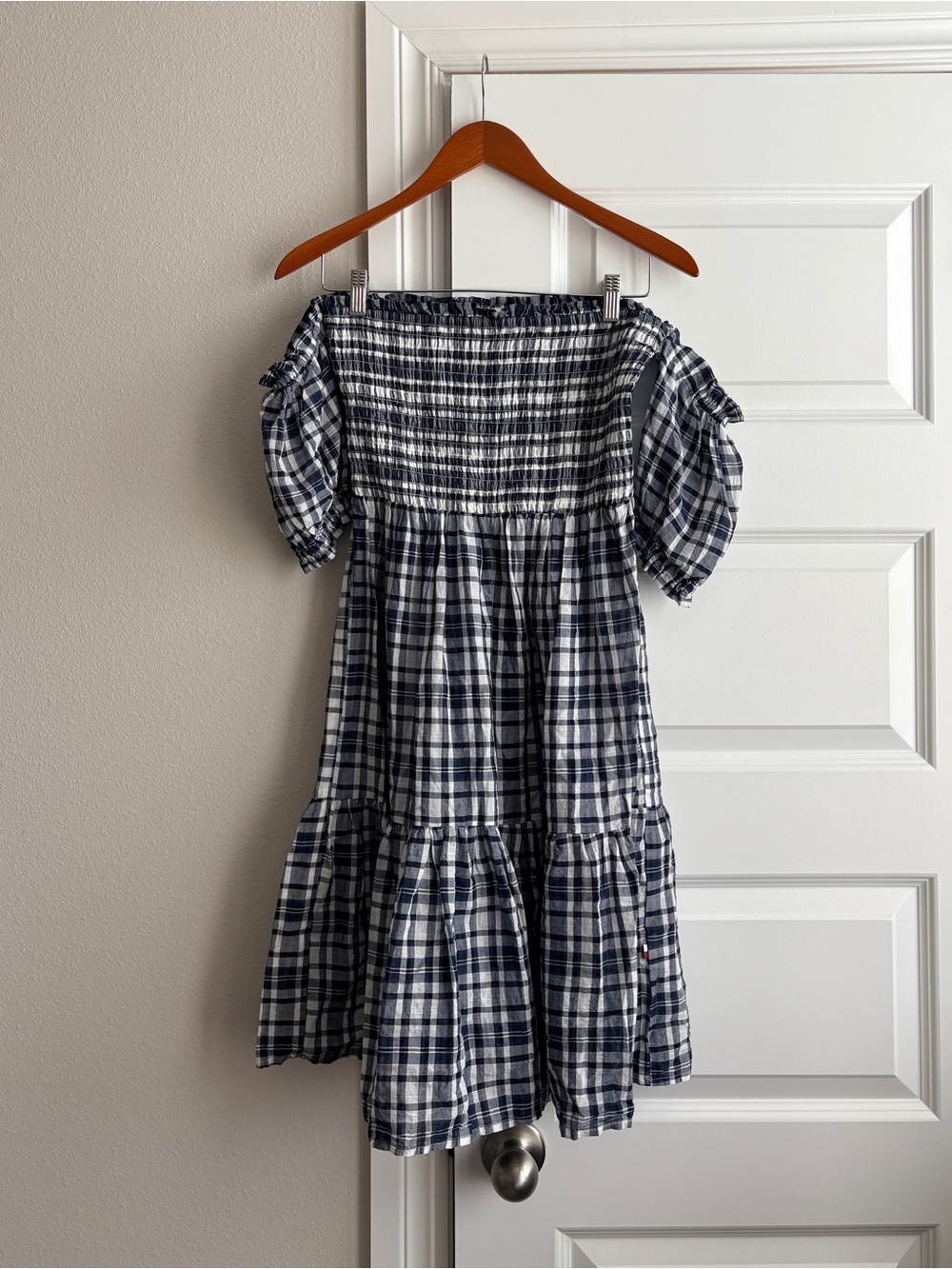 Tommy Hilfiger Navy White Plaid Smocked Off Shoulder Tiered Dress S